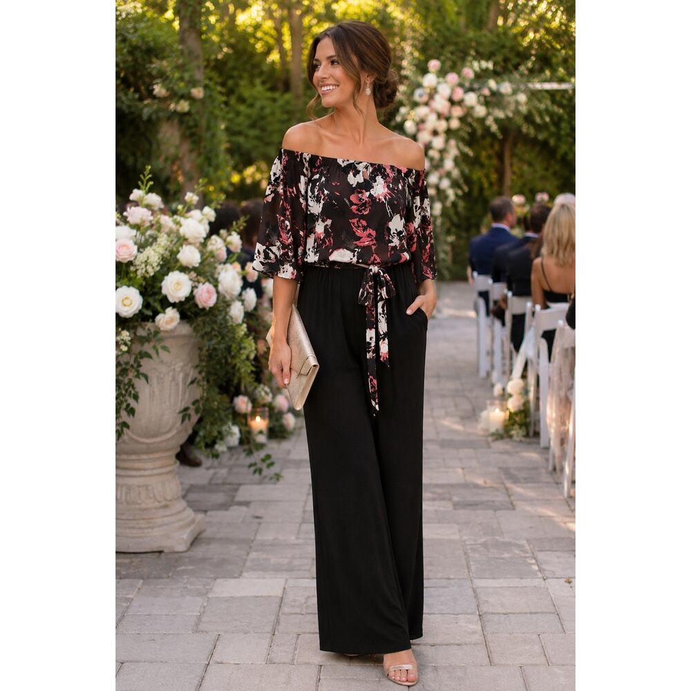 Susan Graver Liquid Knit Off Shoulder Floral Jumpsuit Wide Leg Palazzo XL